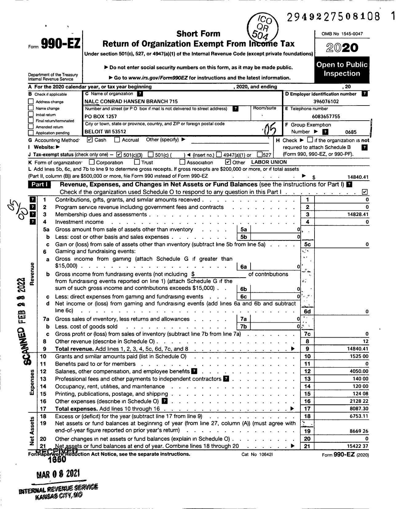 Image of first page of 2020 Form 990EO for NATIONAL ASSOCIATION OF LETTER CARRIERS - 0715 Beloit Wisconsin