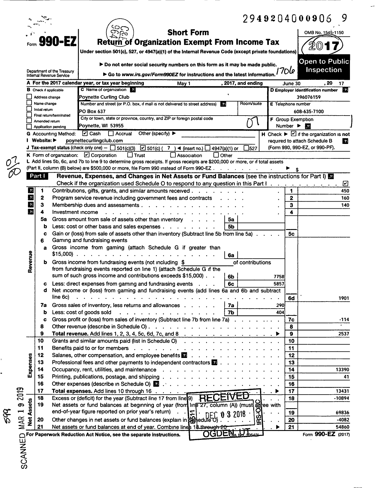 Image of first page of 2016 Form 990EO for Poynette Curling Club Incorporated