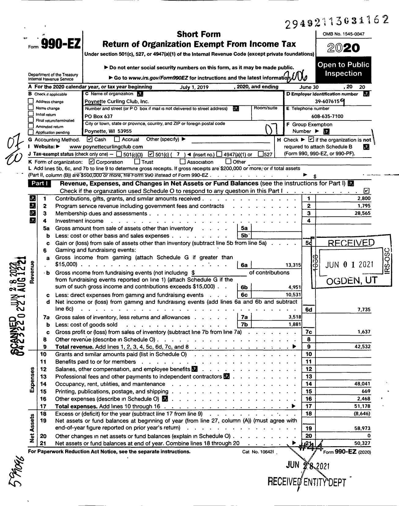 Image of first page of 2019 Form 990EO for Poynette Curling Club Incorporated