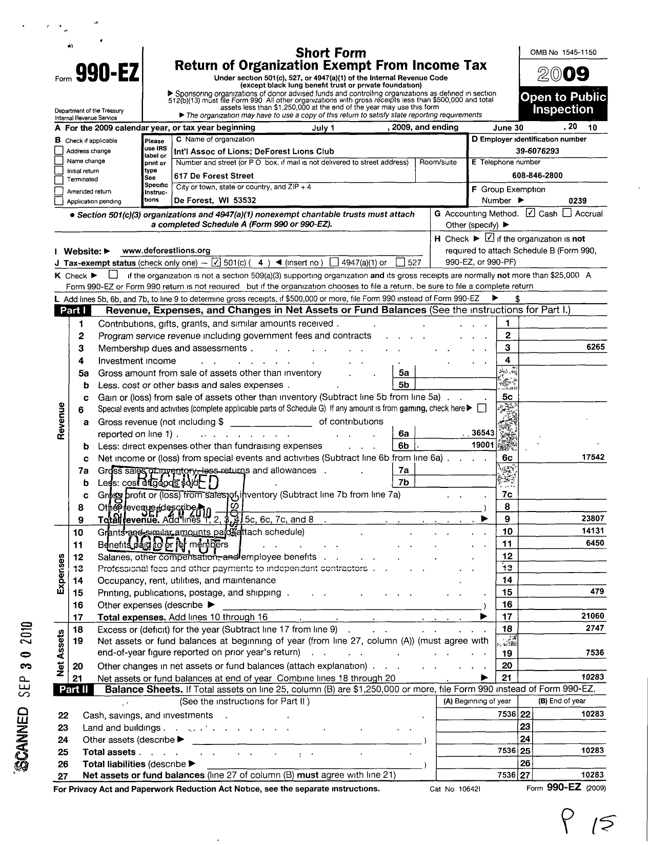 Image of first page of 2009 Form 990EO for Lions Clubs - 10621 de Forest