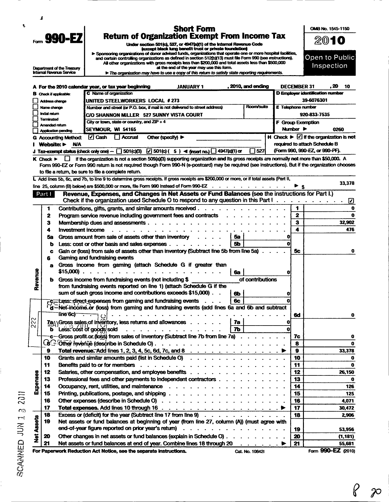 Image of first page of 2010 Form 990EO for United Steelworkers - 00273 Local