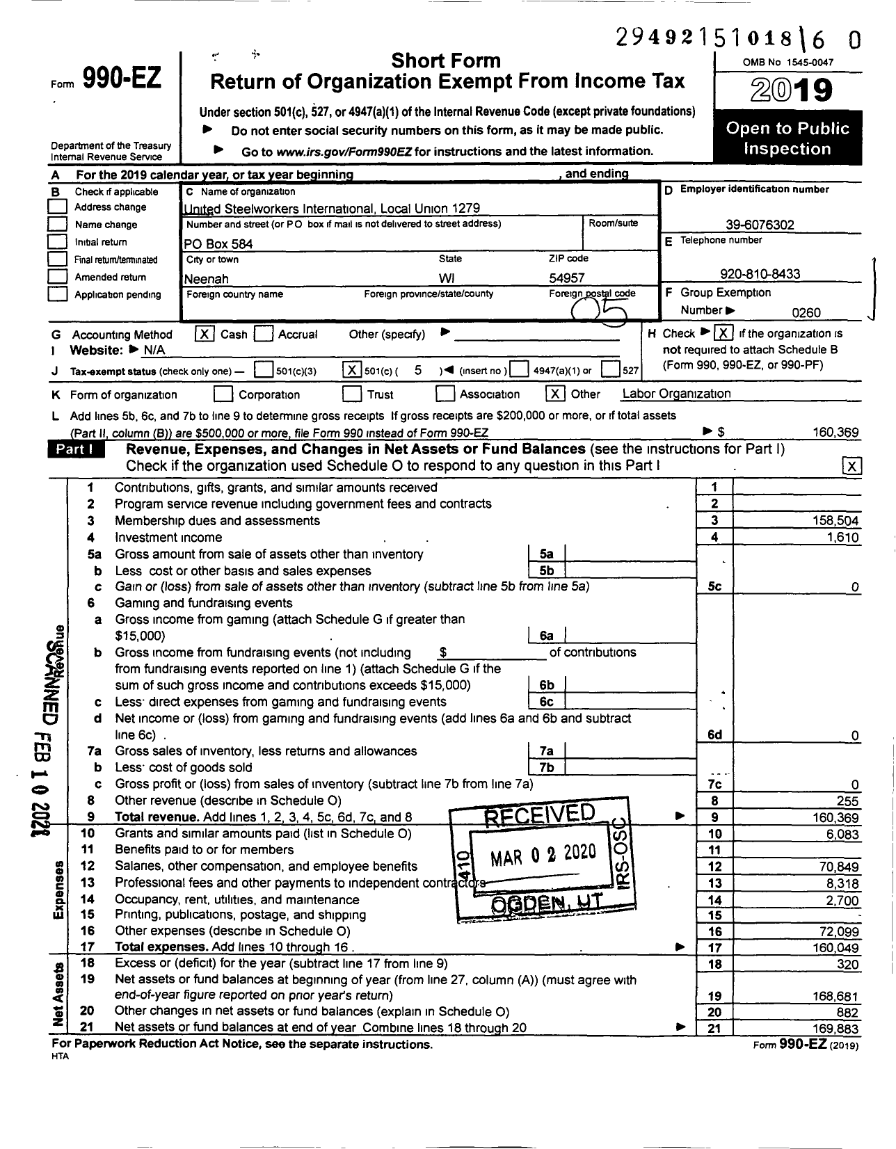 Image of first page of 2019 Form 990EO for United Steelworkers - 2-01279 Local