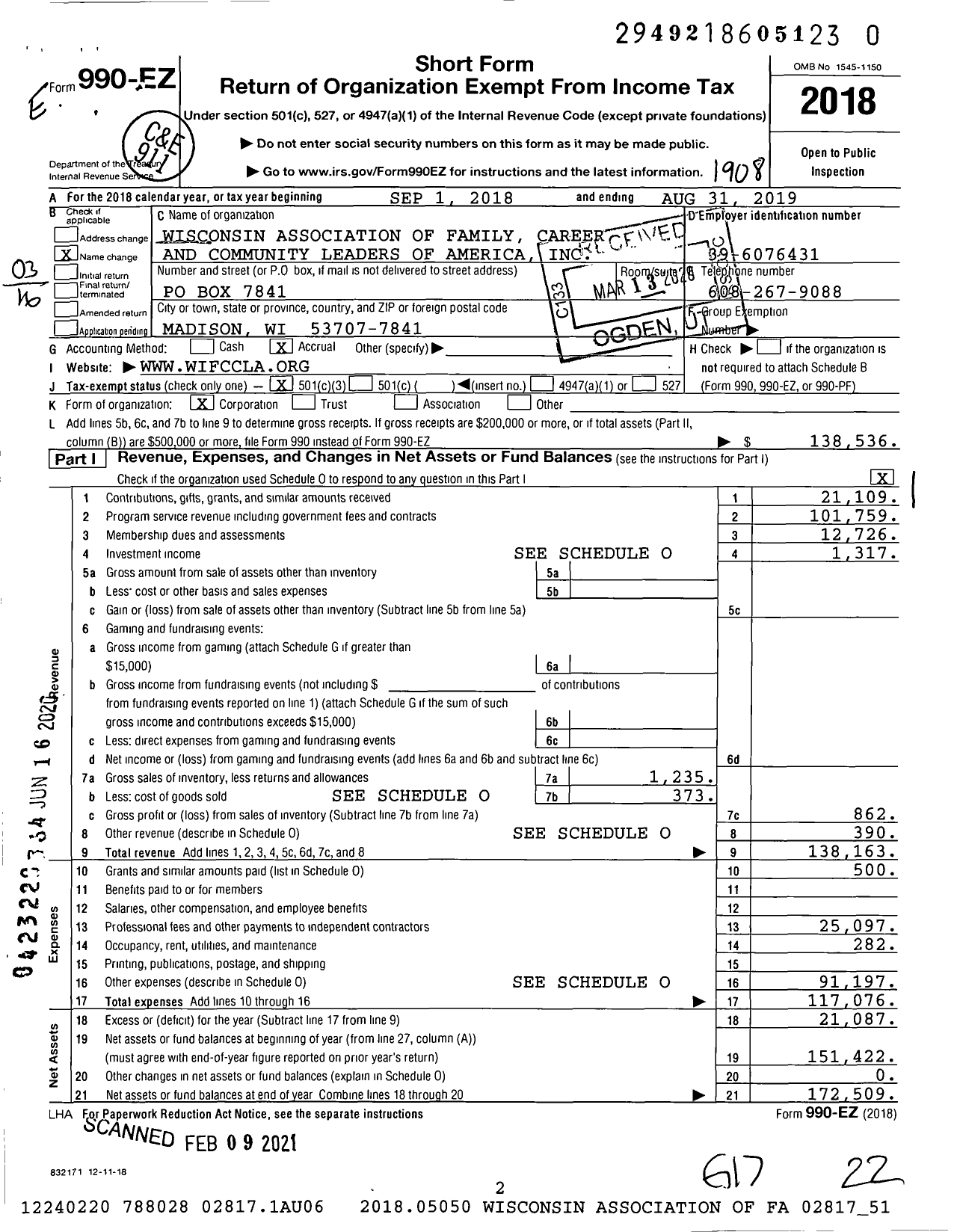 Image of first page of 2018 Form 990EZ for Wisconsin Association of Family Career and Community Leaders of America