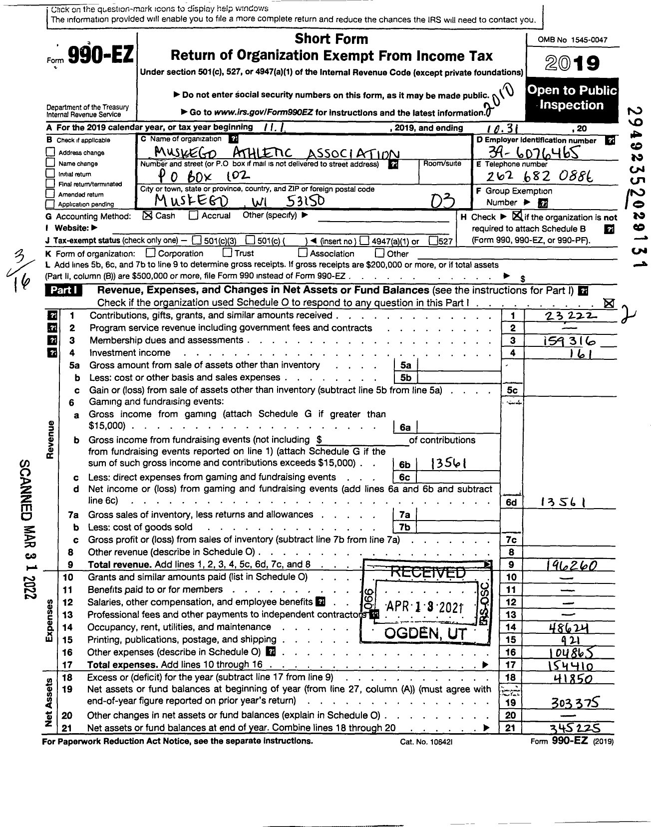 Image of first page of 2019 Form 990EZ for Muskego Athletic Association