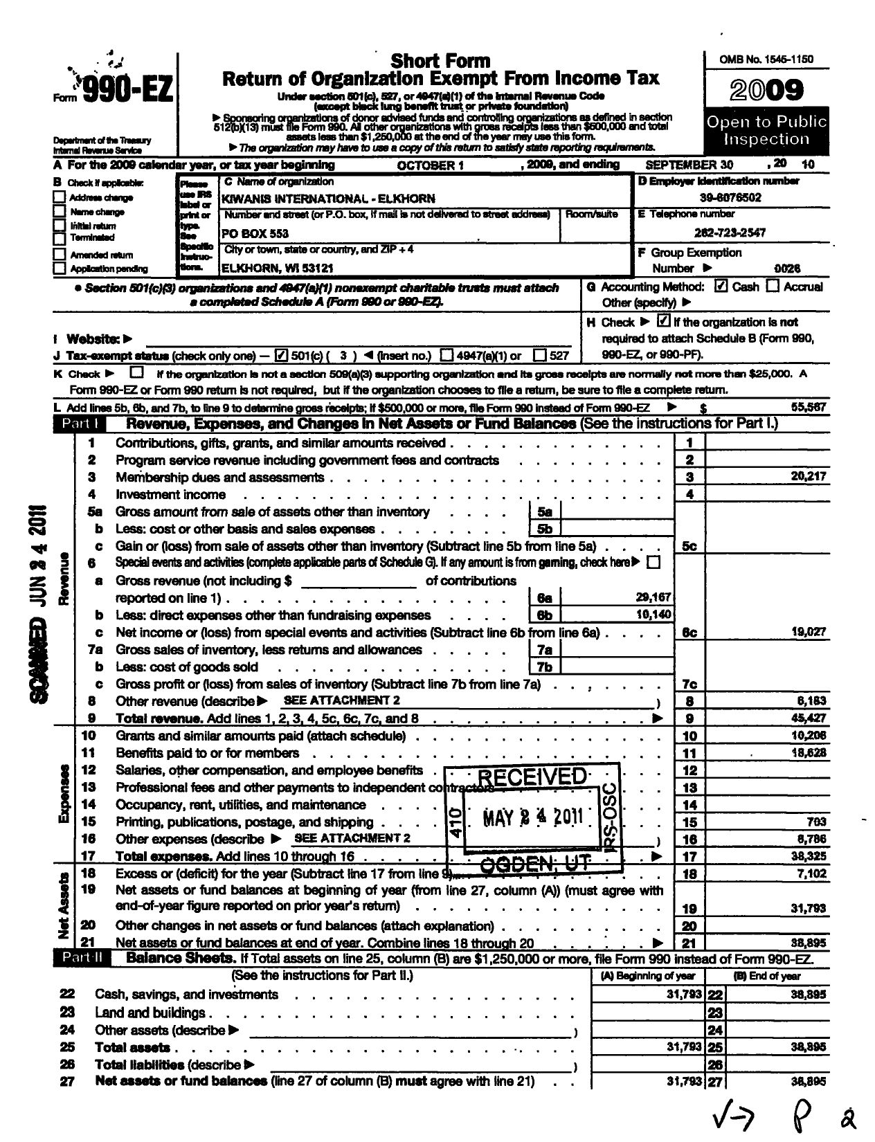 Image of first page of 2009 Form 990EZ for Kiwanis International - K00754 Elkhorn