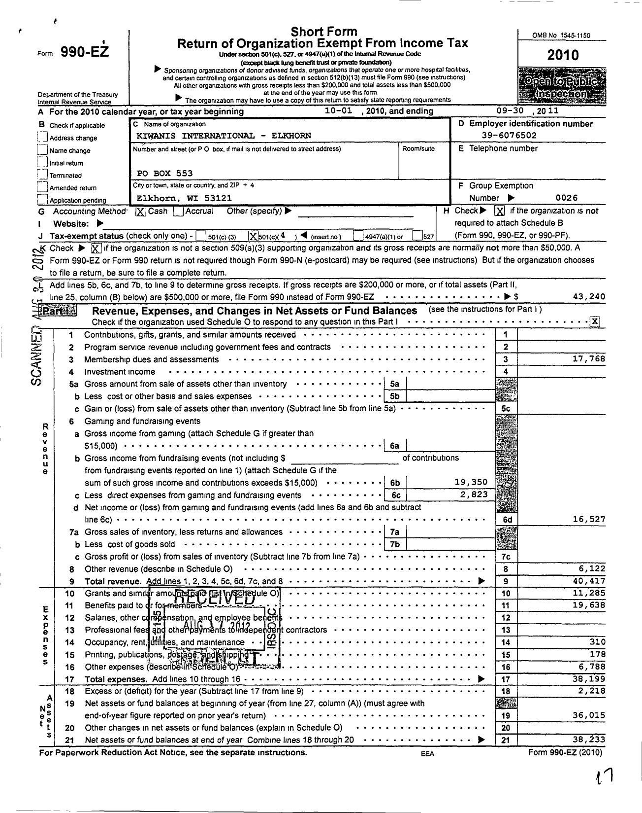 Image of first page of 2010 Form 990EO for Kiwanis International - K00754 Elkhorn