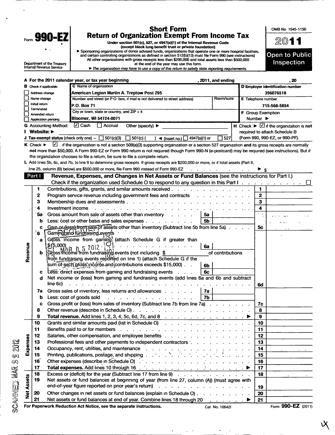 Image of first page of 2011 Form 990EO for American Legion - 0295 Martin A Treptow