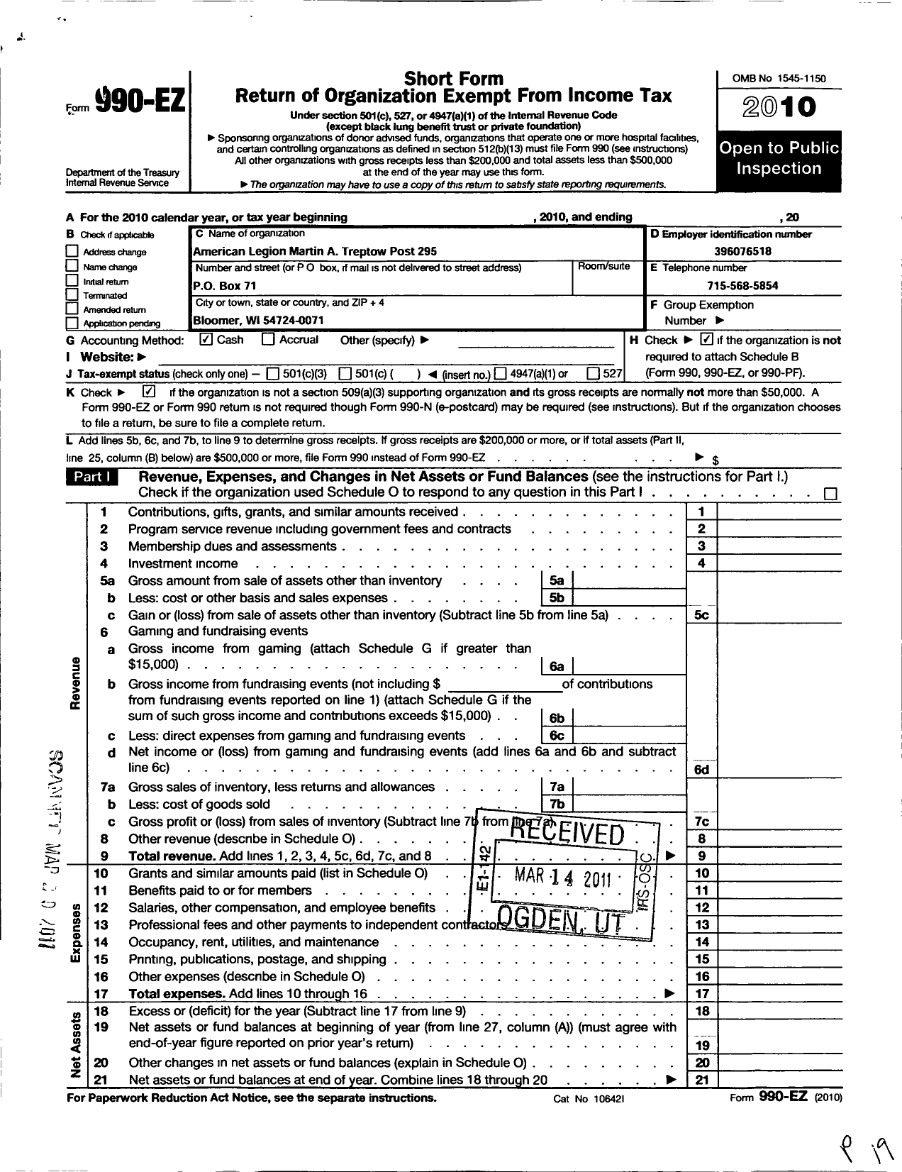 Image of first page of 2010 Form 990EO for American Legion - 0295 Martin A Treptow