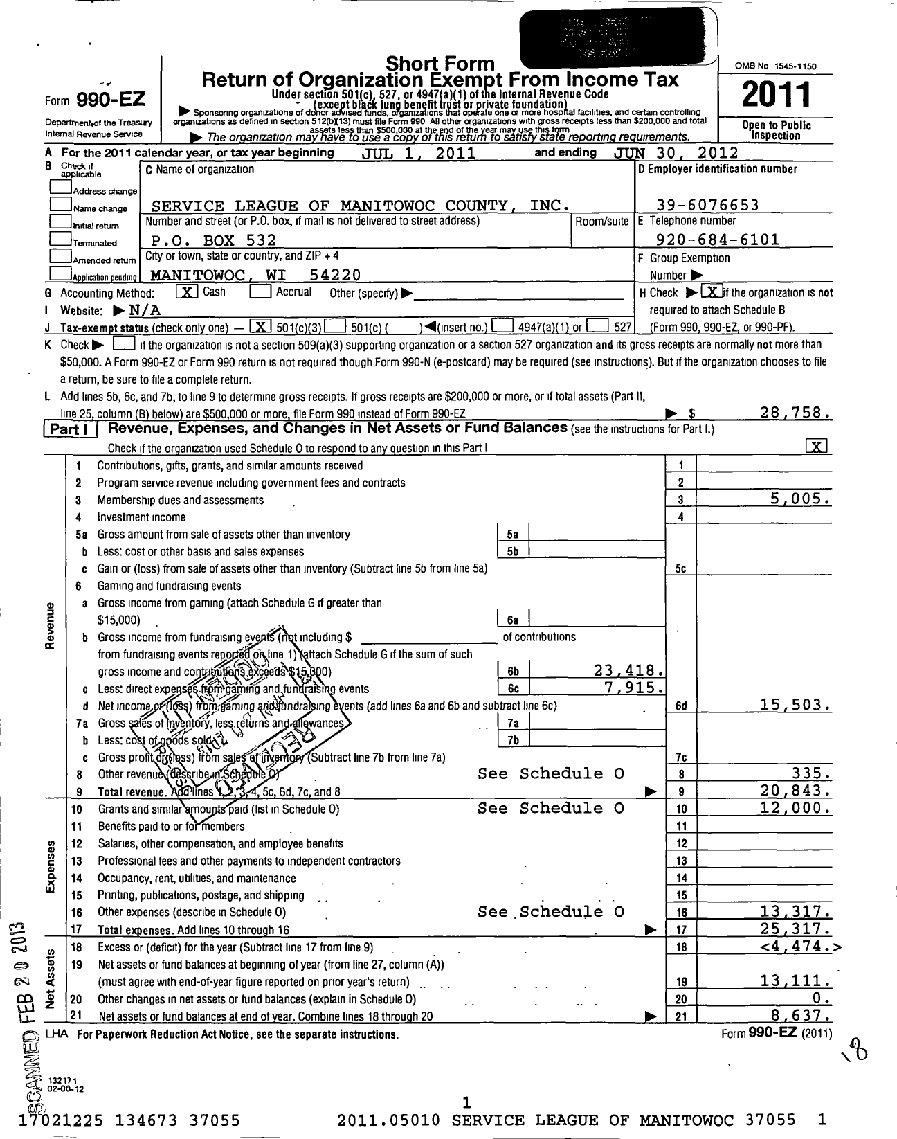 Image of first page of 2011 Form 990EZ for Service League of Manitowoc County