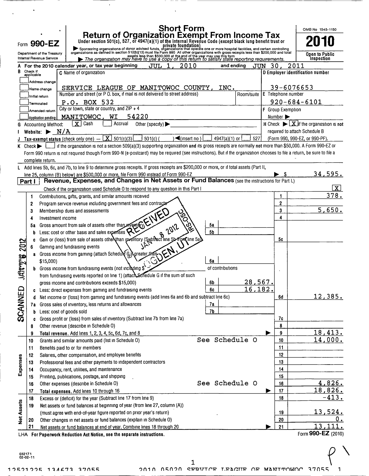 Image of first page of 2010 Form 990EZ for Service League of Manitowoc County