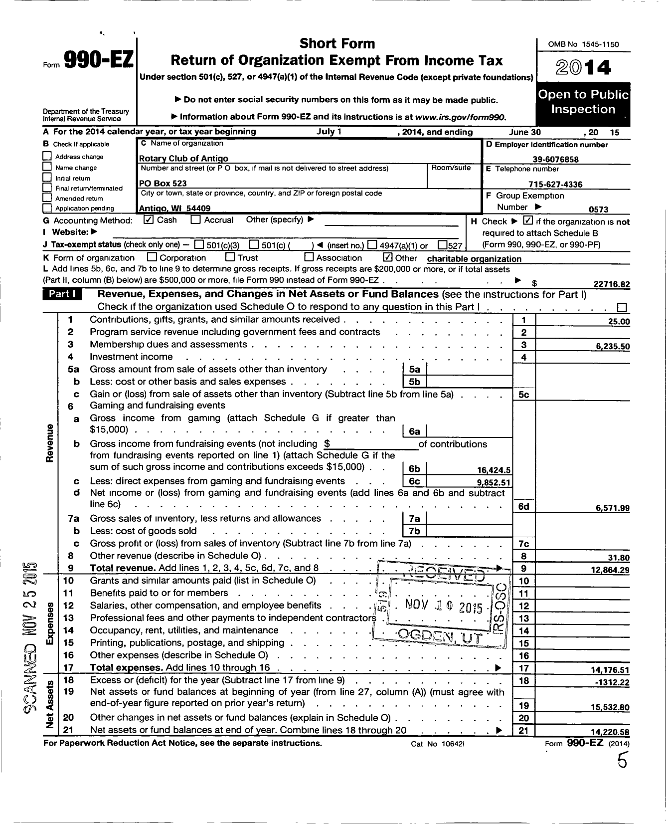 Image of first page of 2014 Form 990EO for Rotary International - Antigo Rotary