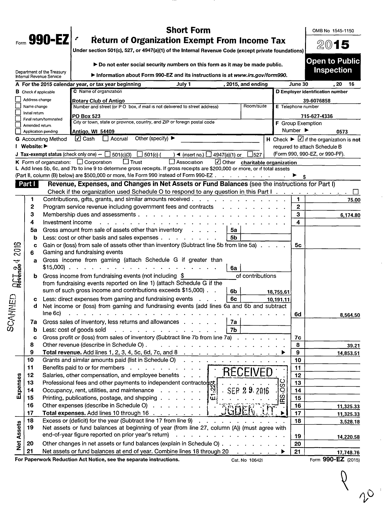 Image of first page of 2015 Form 990EO for Rotary International - Antigo Rotary