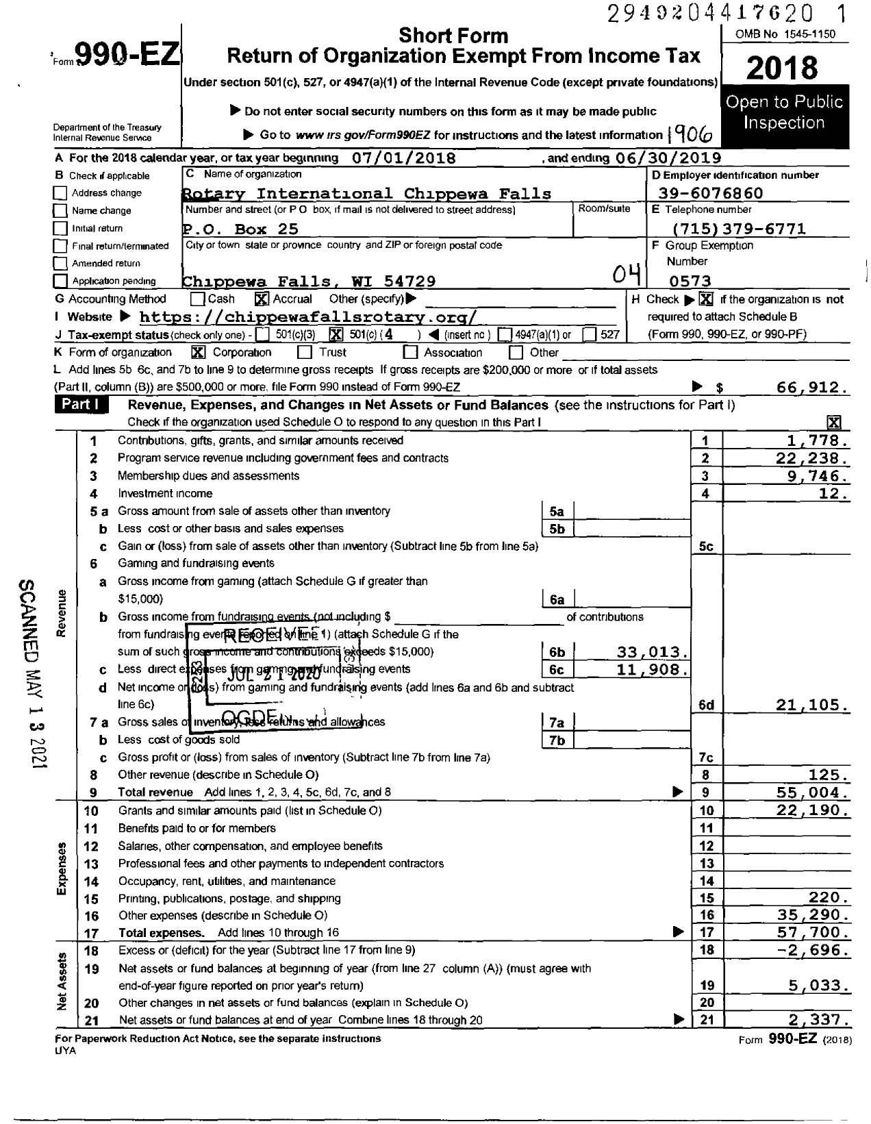 Image of first page of 2018 Form 990EO for Rotary International - Chppewa Falls Rotary Club