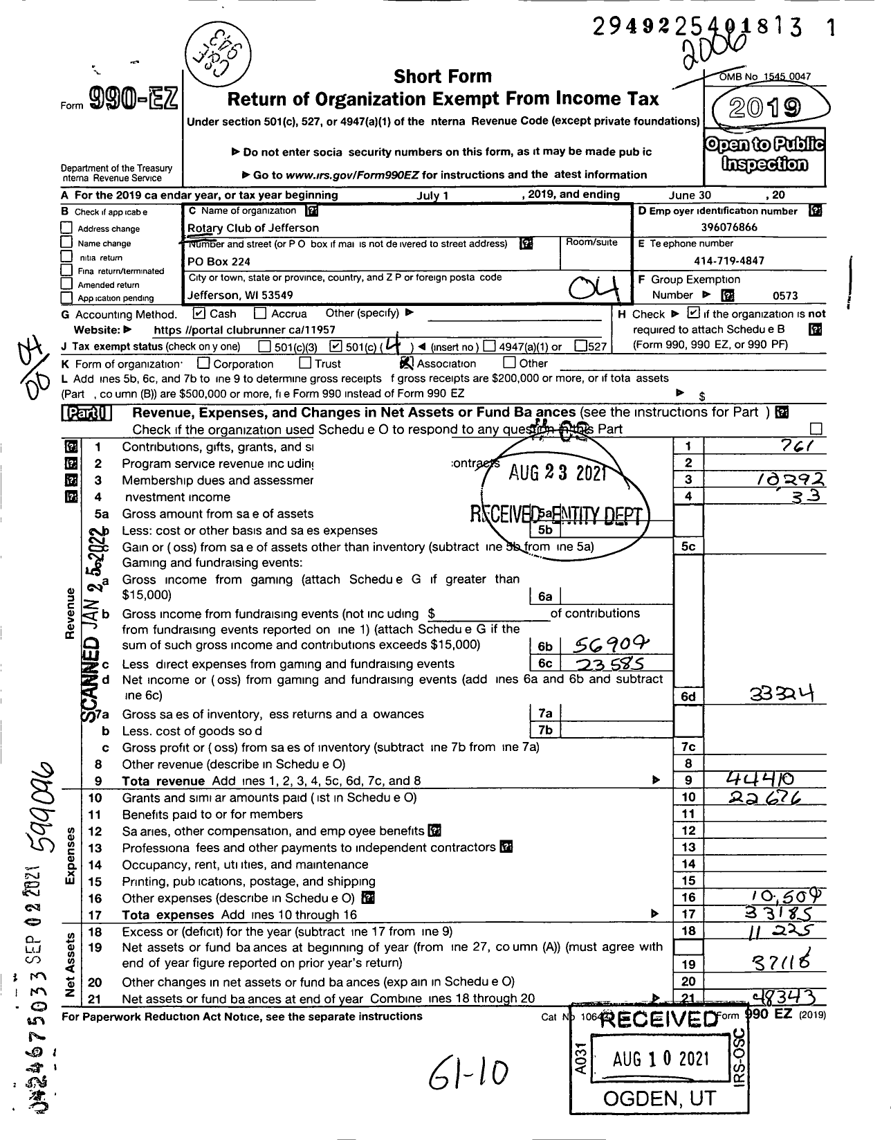 Image of first page of 2019 Form 990EO for Rotary International - Jefferson Rotary Club District 6250