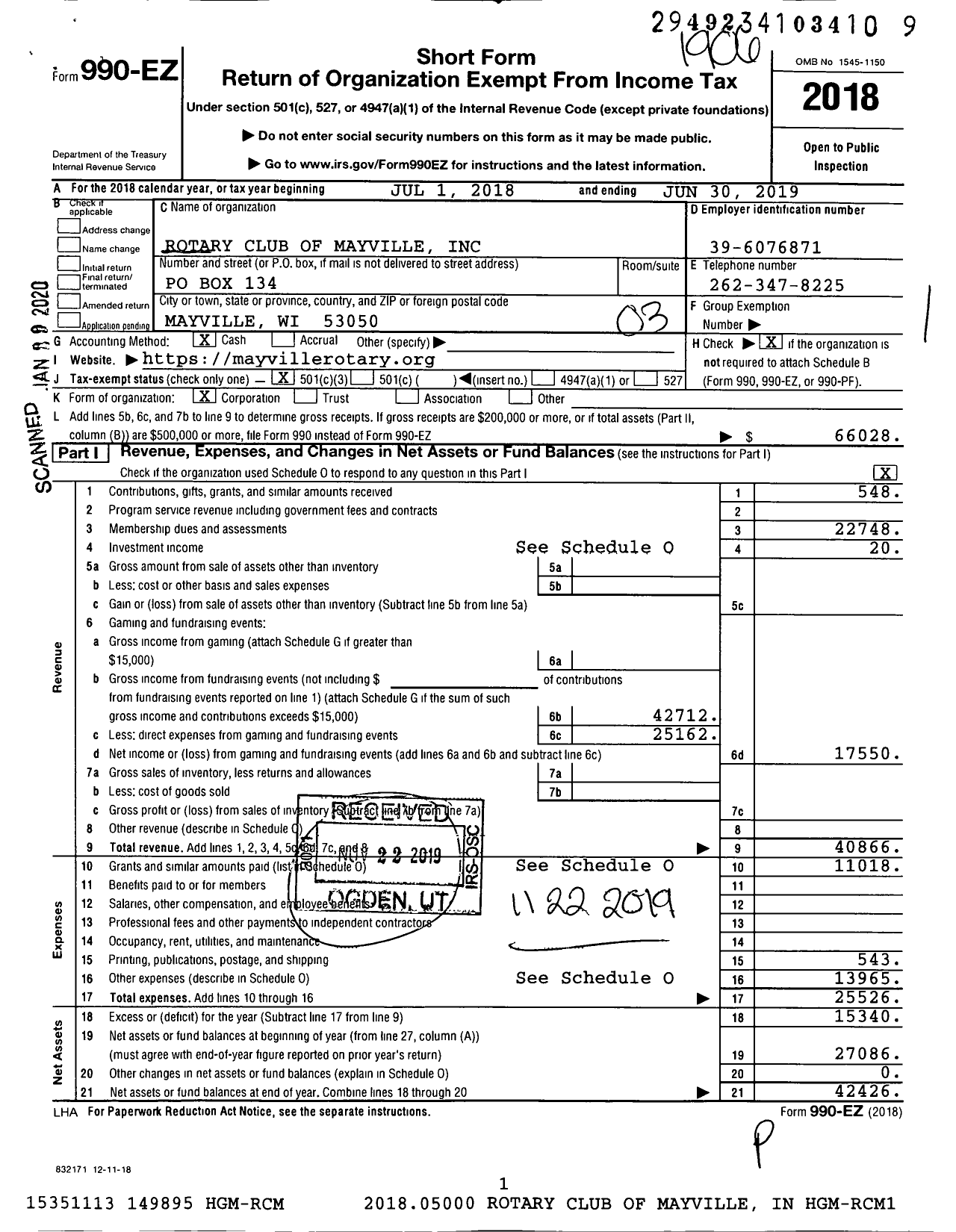 Image of first page of 2018 Form 990EZ for Rotary International - Mayville Rotary Club