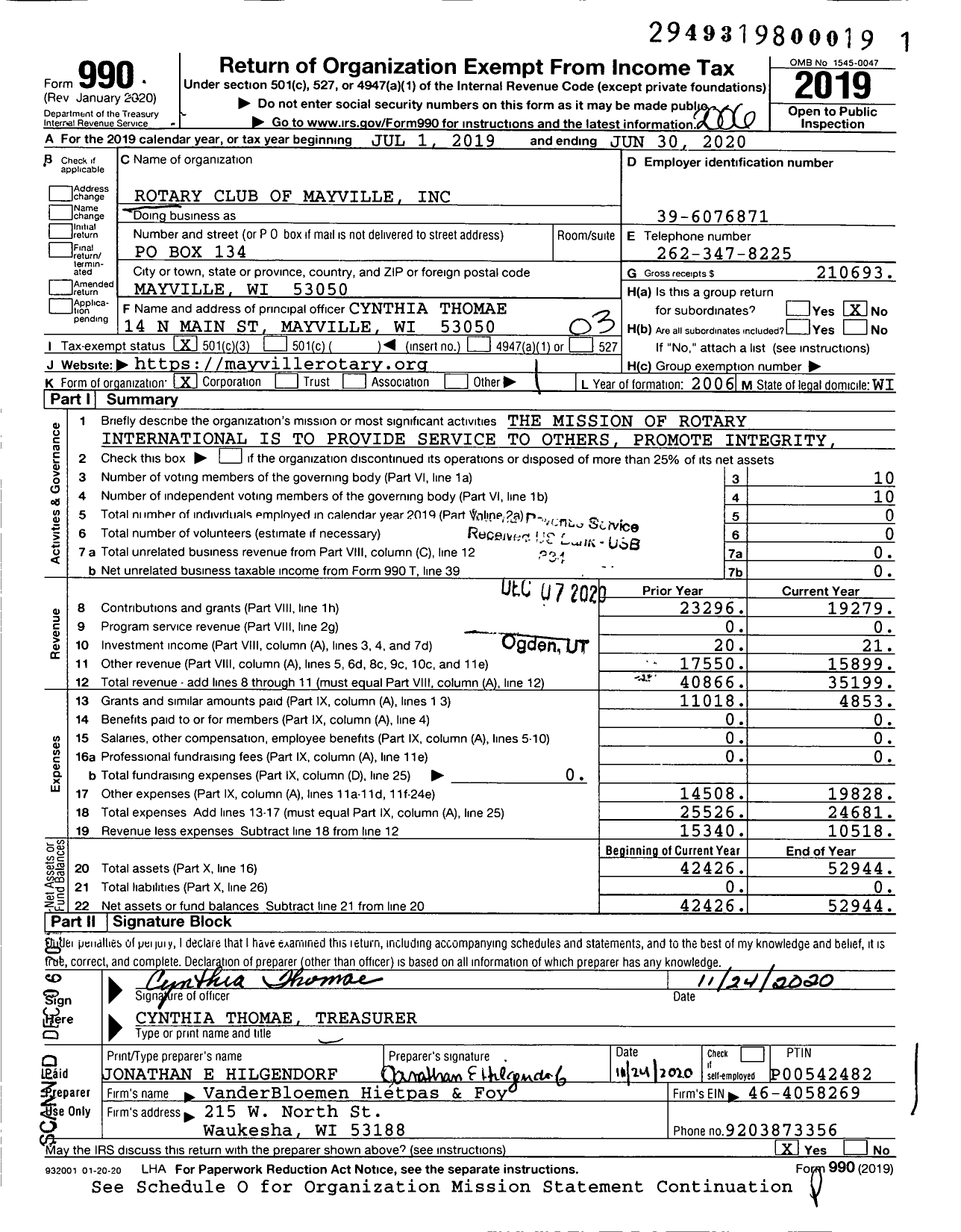 Image of first page of 2019 Form 990 for Rotary International - Mayville Rotary Club