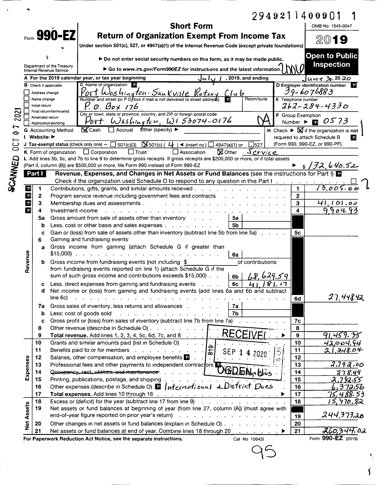 Image of first page of 2019 Form 990EO for Rotary International - Port Washington-Saukville