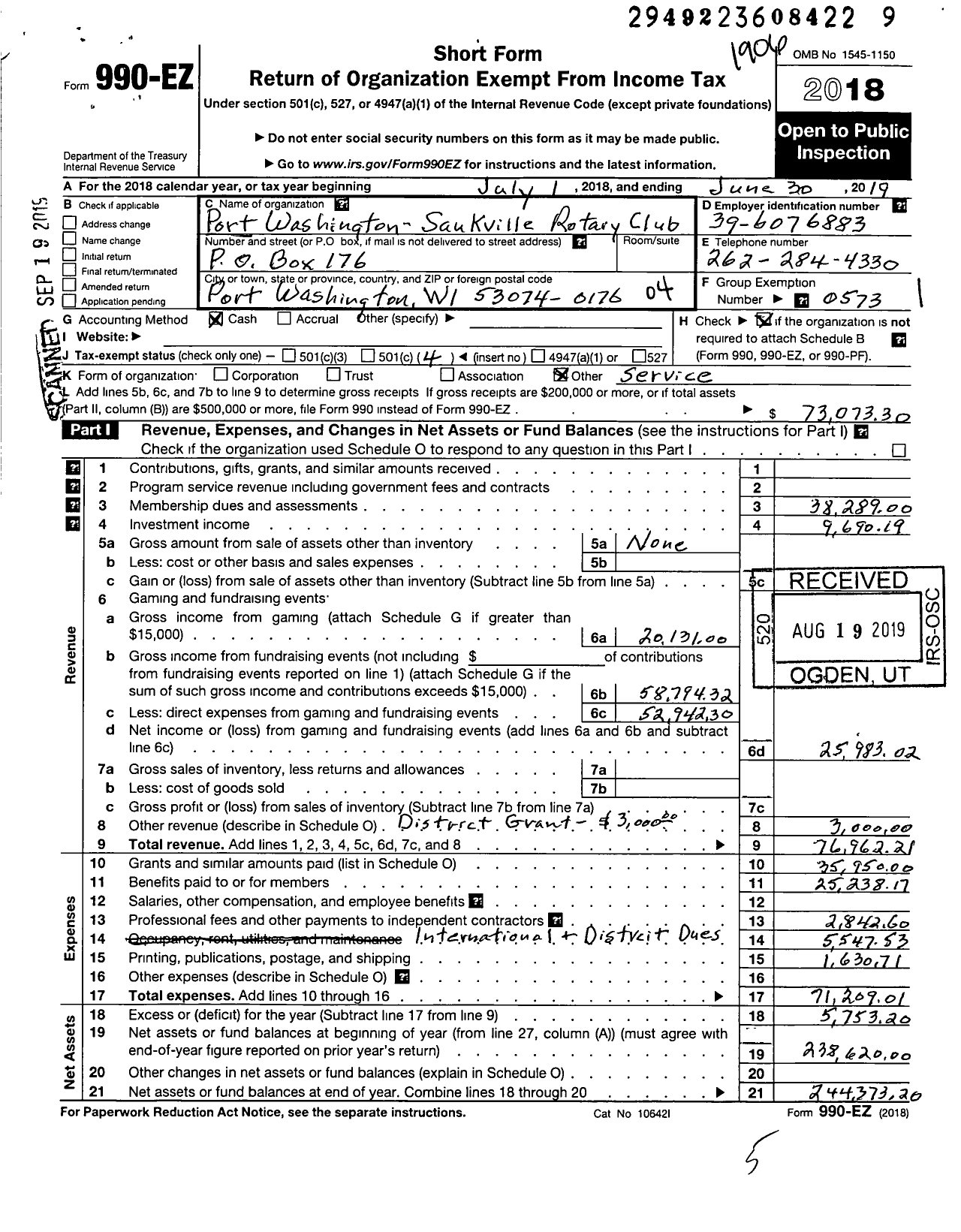 Image of first page of 2018 Form 990EO for Rotary International - Port Washington-Saukville