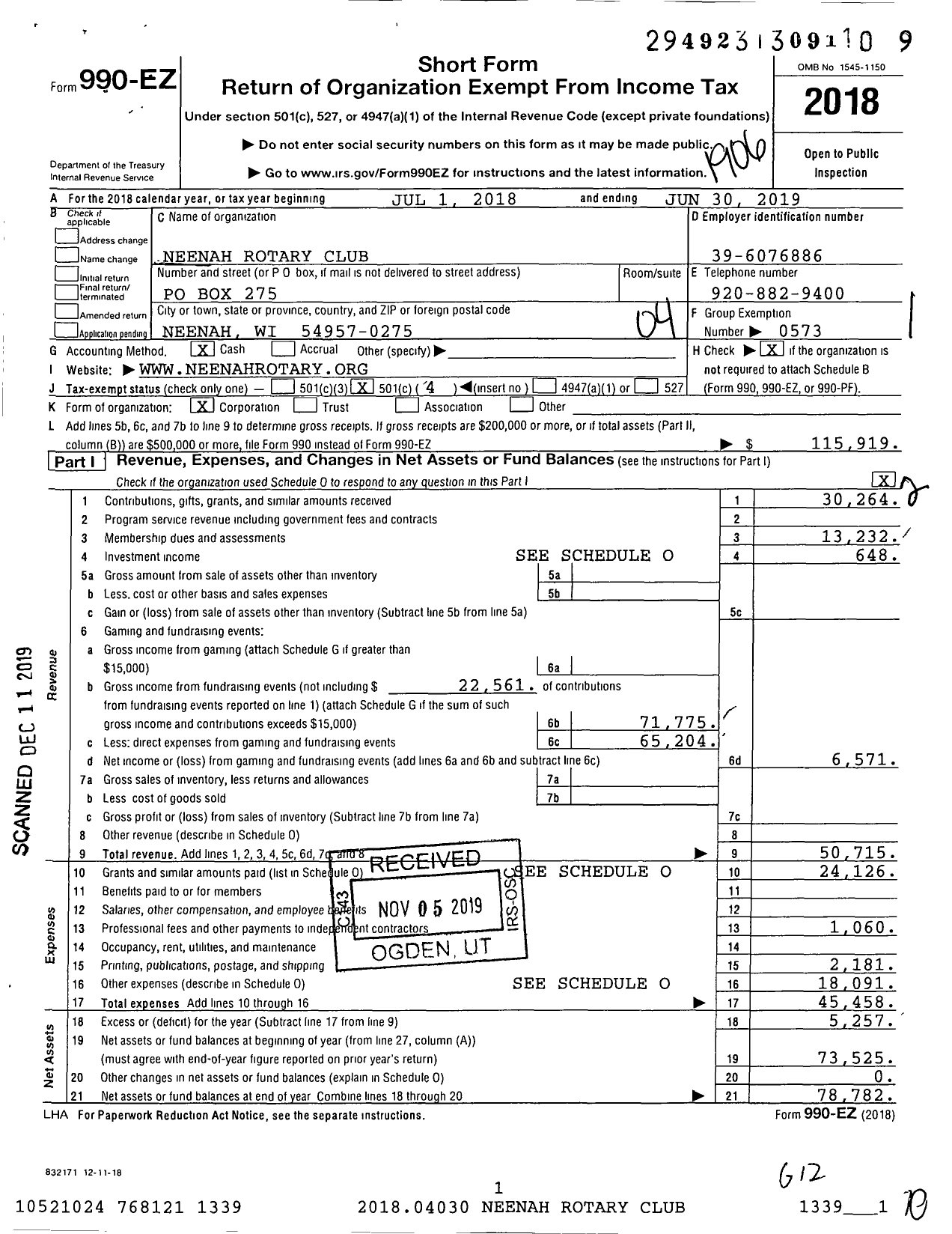 Image of first page of 2018 Form 990EO for Rotary International - Neenah Rotary Club