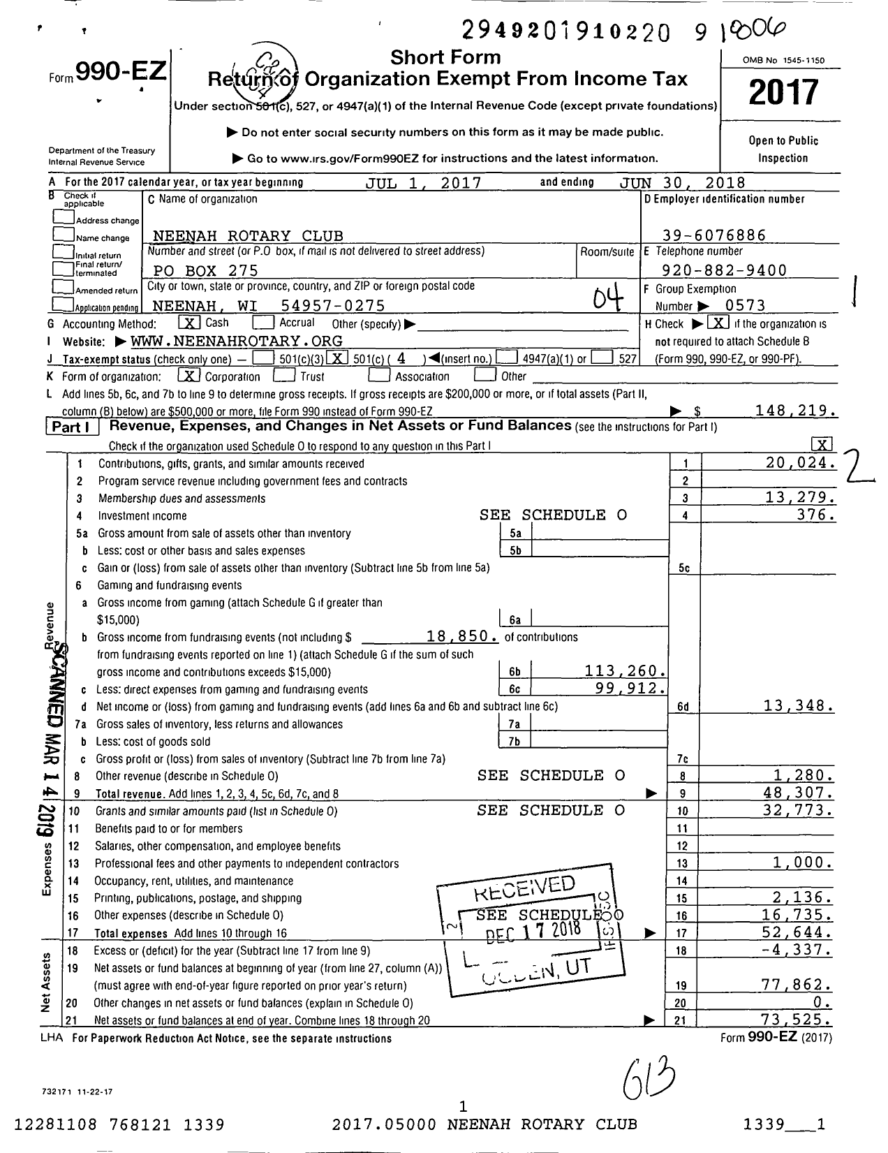 Image of first page of 2017 Form 990EO for Rotary International - Neenah Rotary Club