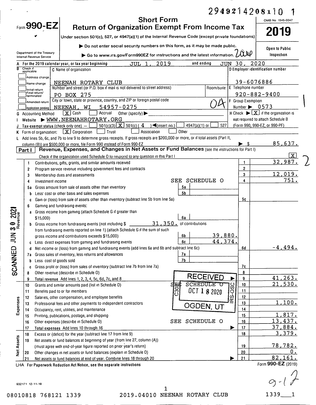 Image of first page of 2019 Form 990EO for Rotary International - Neenah Rotary Club