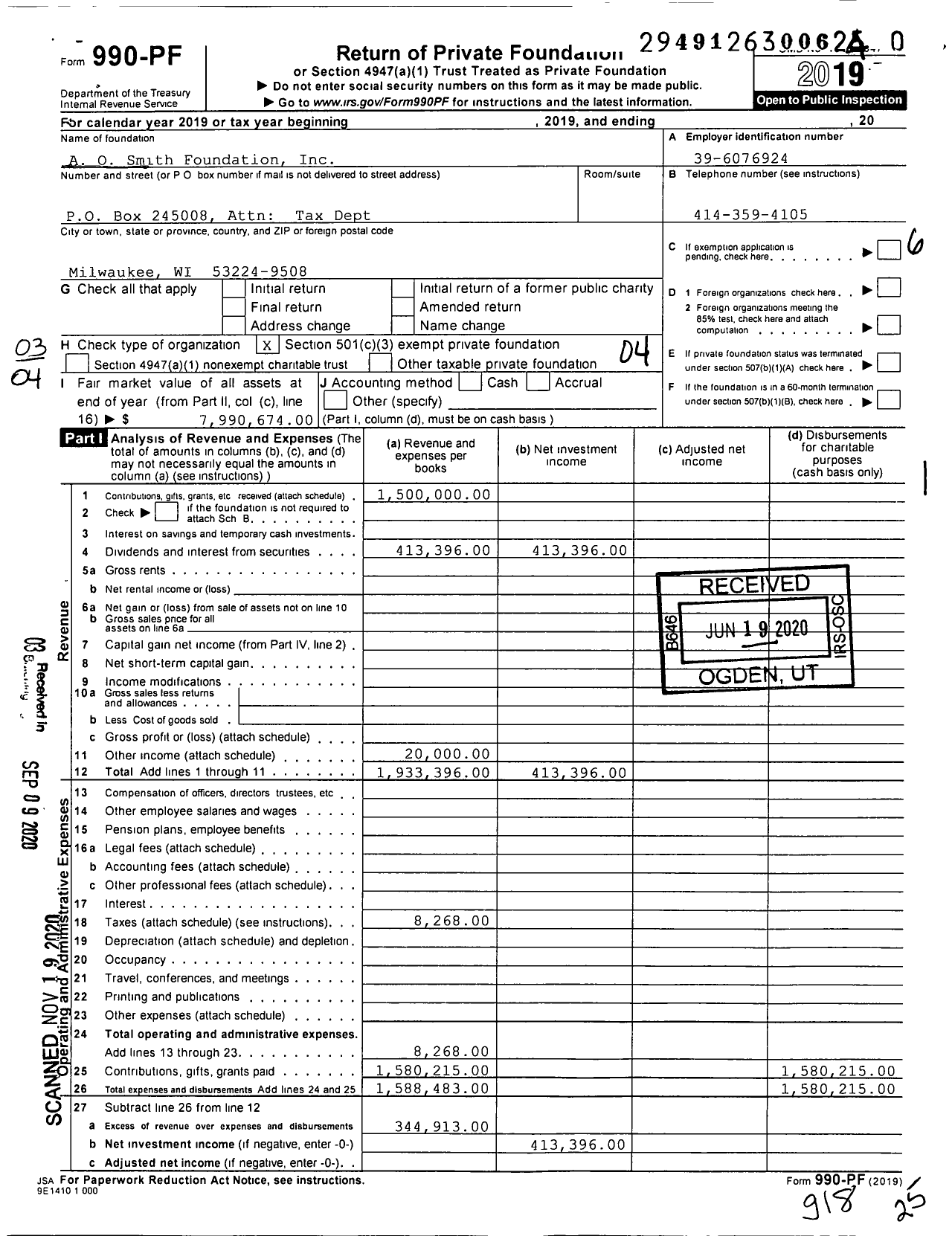 Image of first page of 2019 Form 990PF for A O Smith Foundation