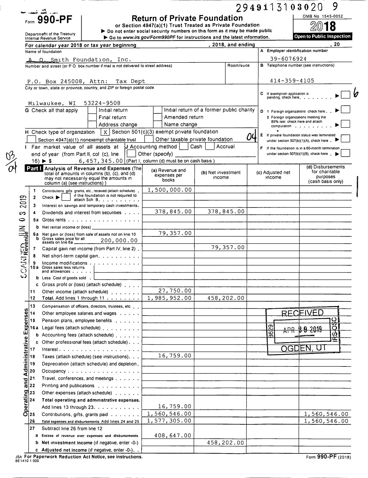 Image of first page of 2018 Form 990PF for A O Smith Foundation