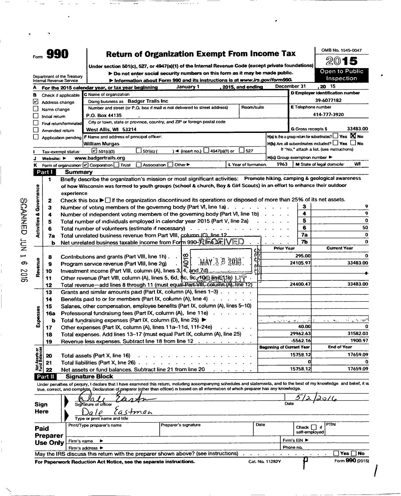 Image of first page of 2015 Form 990 for Badger Trails