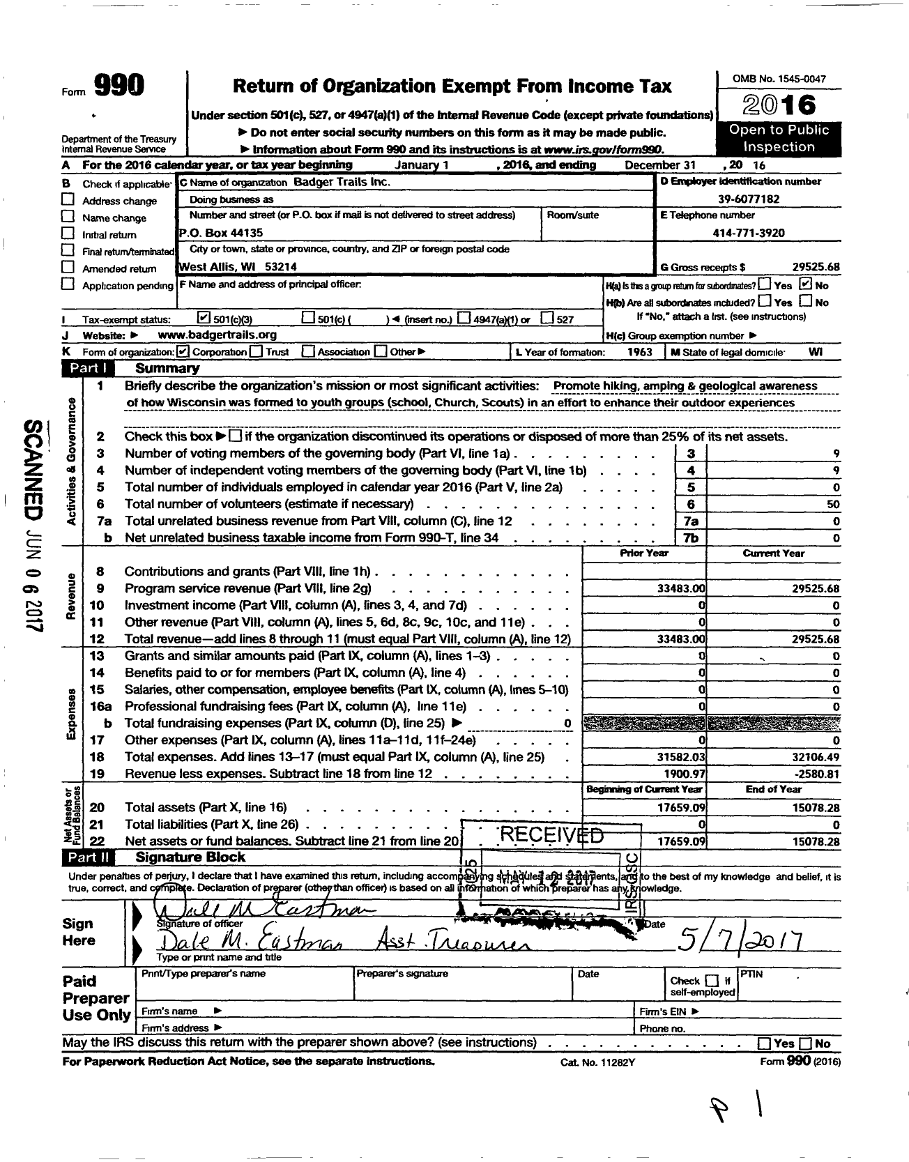 Image of first page of 2016 Form 990 for Badger Trails