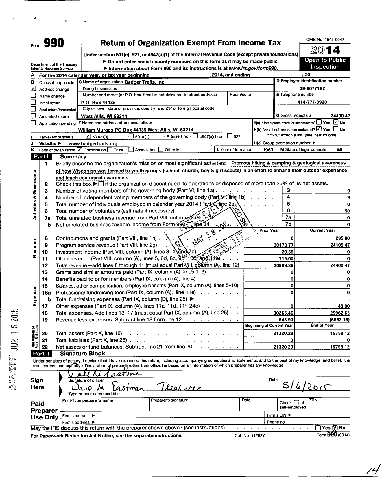 Image of first page of 2014 Form 990 for Badger Trails