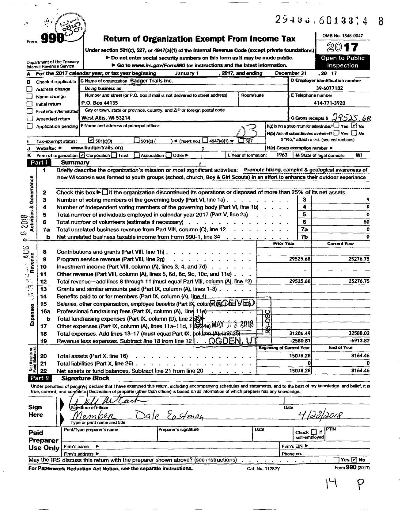 Image of first page of 2017 Form 990 for Badger Trails