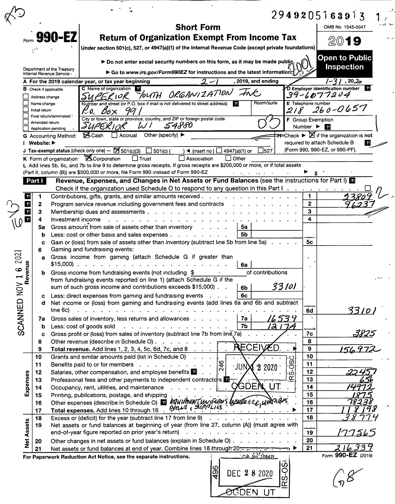 Image of first page of 2019 Form 990EZ for Superior Youth Organization