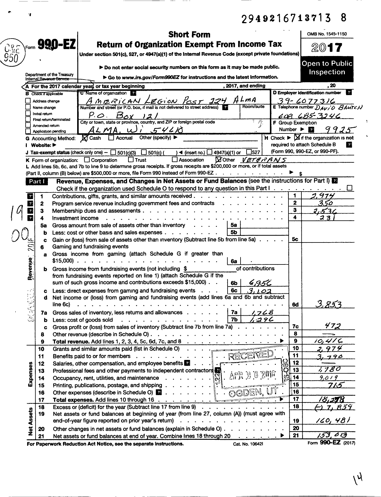 Image of first page of 2017 Form 990EO for American Legion - 0224 Alma