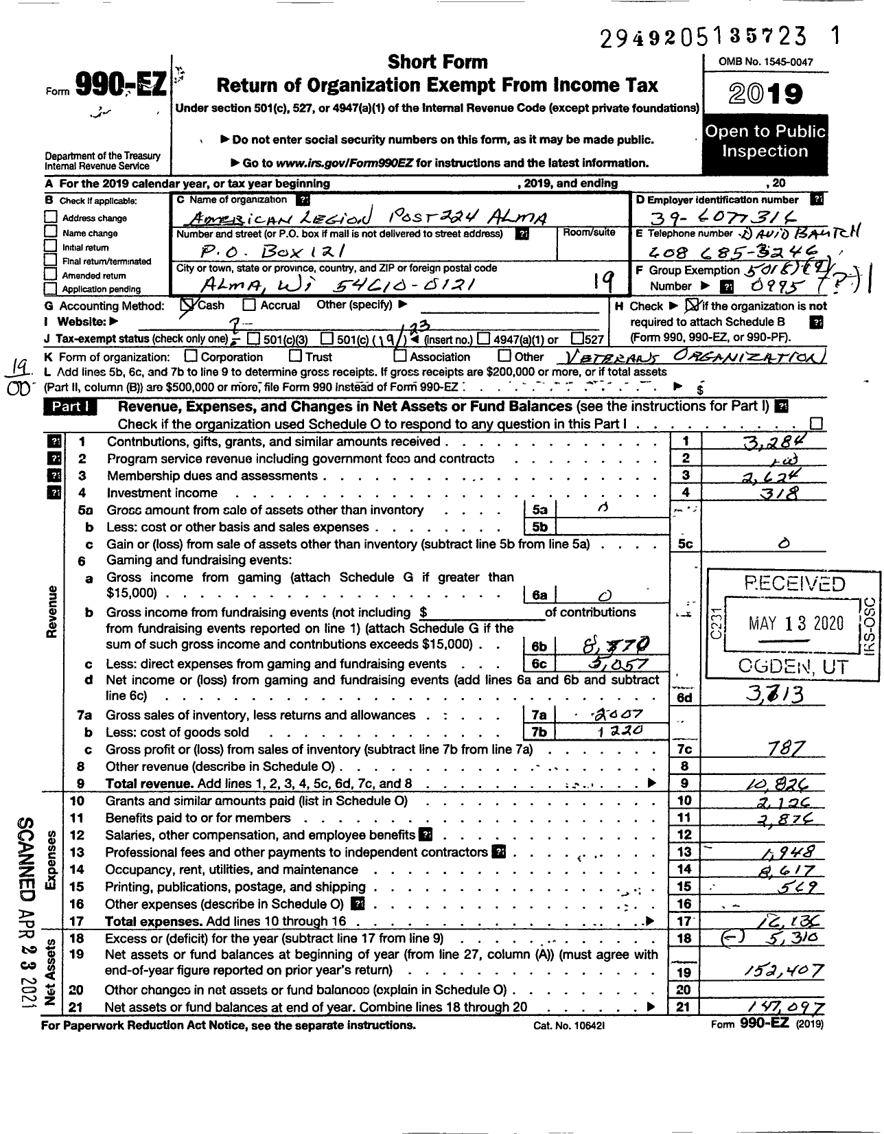 Image of first page of 2019 Form 990EO for American Legion - 0224 Alma