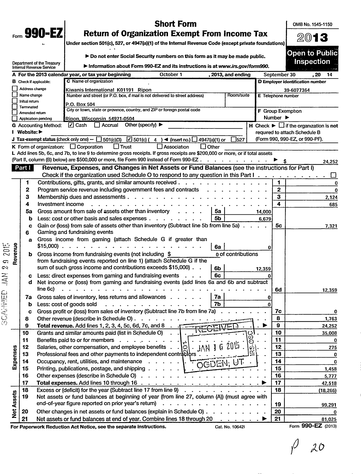 Image of first page of 2013 Form 990EO for Kiwanis International - K01191 Ripon