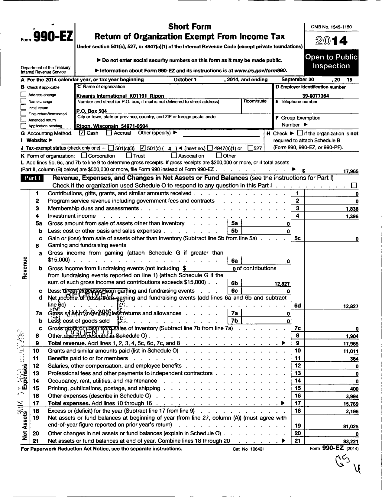 Image of first page of 2014 Form 990EO for Kiwanis International - K01191 Ripon