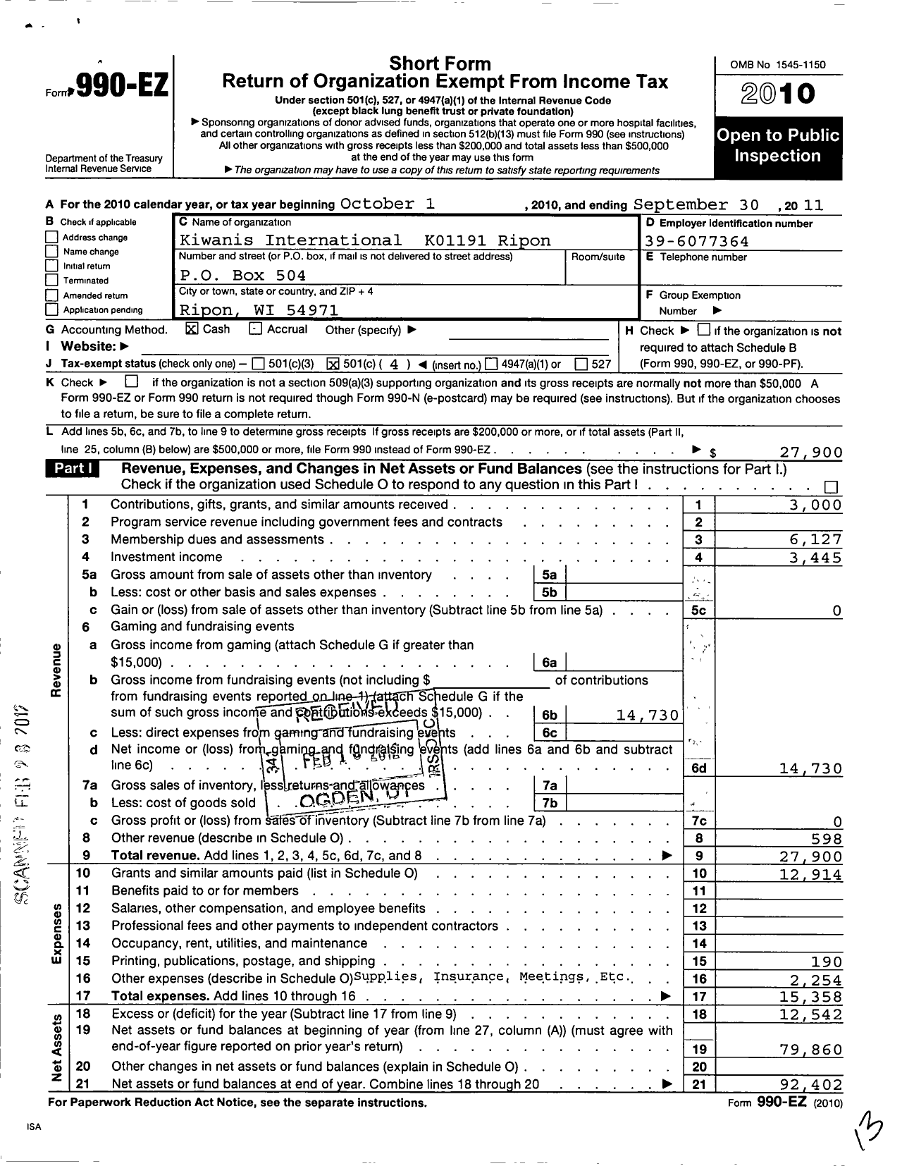 Image of first page of 2010 Form 990EO for Kiwanis International - K01191 Ripon