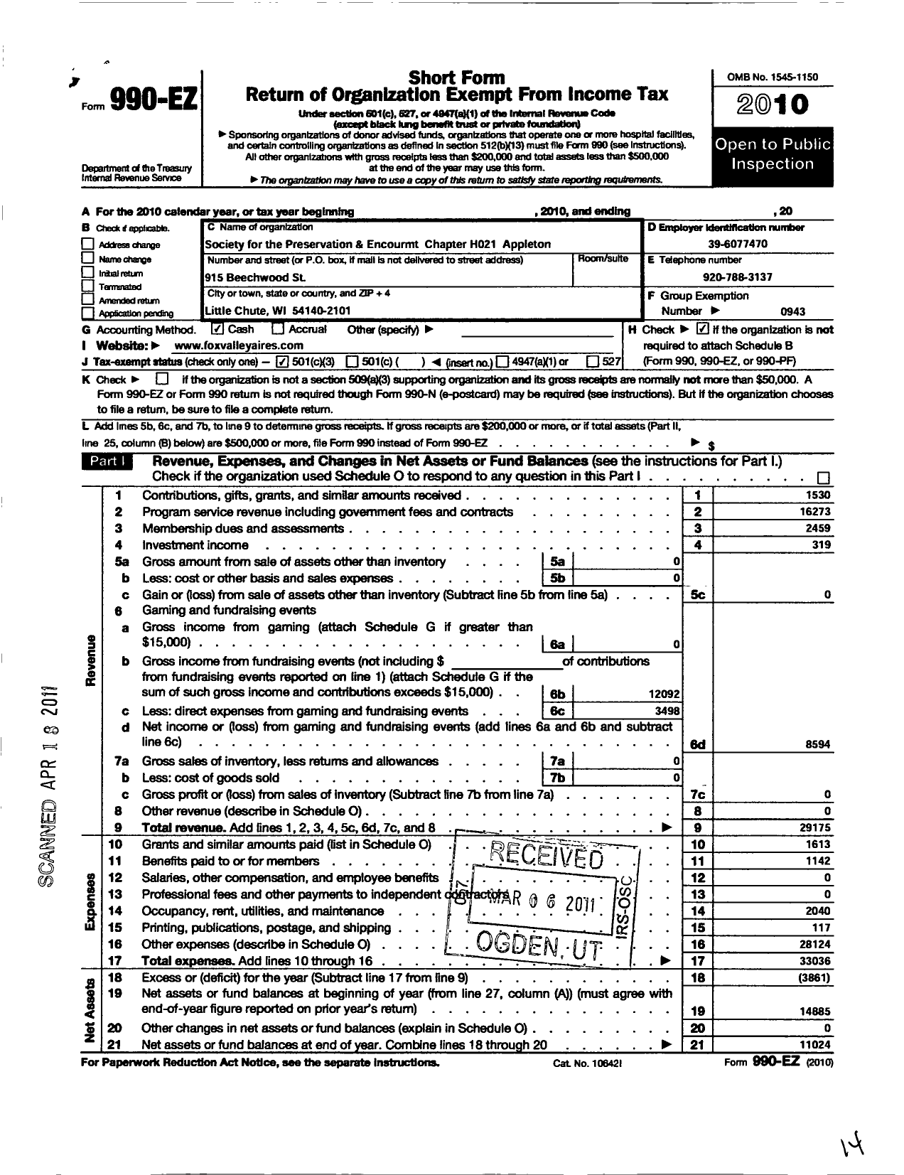 Image of first page of 2010 Form 990EZ for Barbershop Harmony Society - H021 Appleton