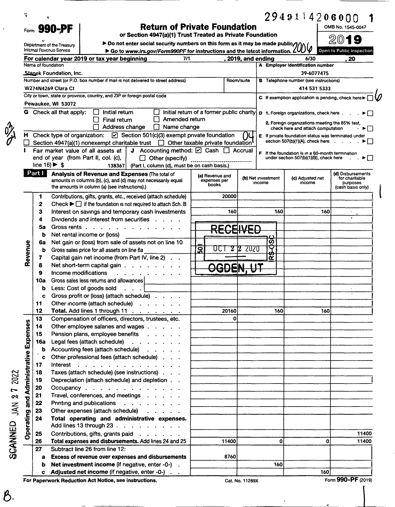 Image of first page of 2019 Form 990PF for Stanek Foundation