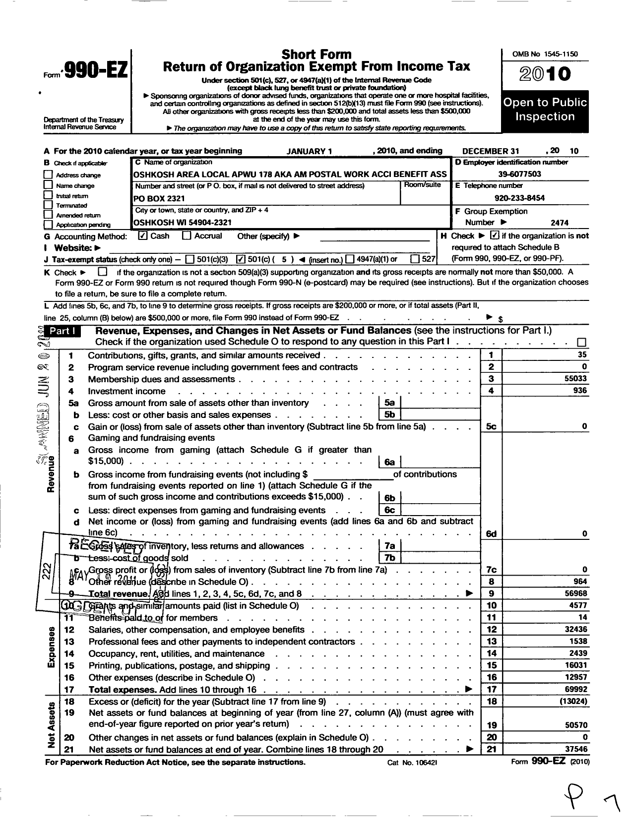 Image of first page of 2010 Form 990EO for American Postal Workers Union - Am Postal Work Acc Ben Asso 178