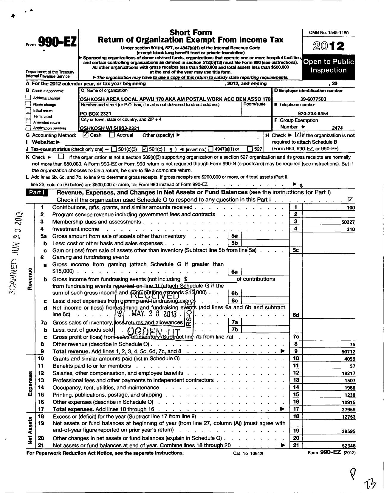 Image of first page of 2012 Form 990EO for American Postal Workers Union - Am Postal Work Acc Ben Asso 178