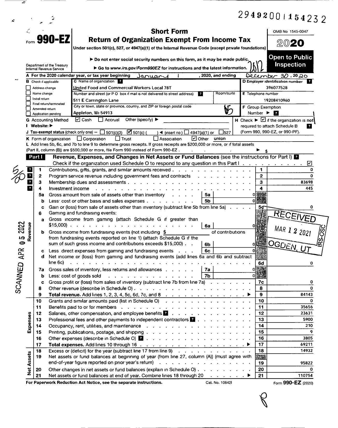 Image of first page of 2020 Form 990EO for United Food & Commercial Workers Union - 78t Local