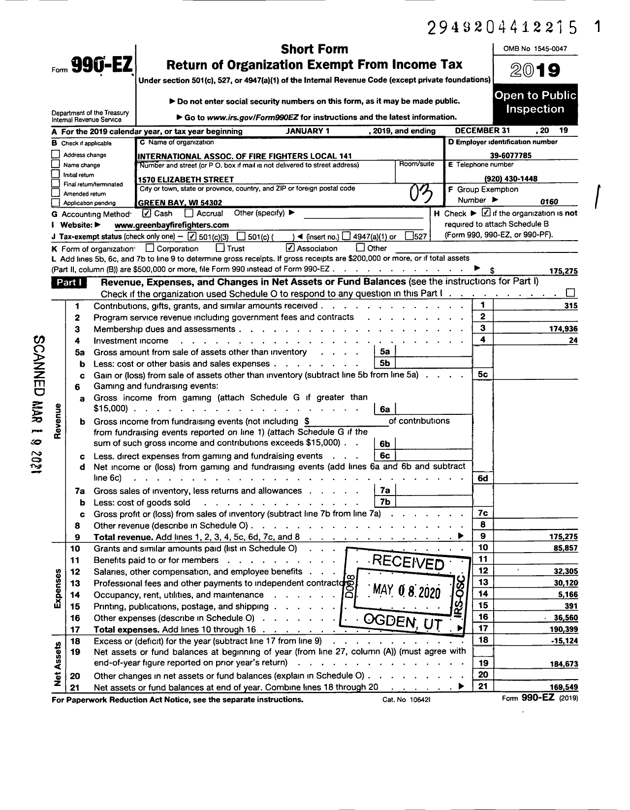 Image of first page of 2019 Form 990EZ for International Association of Fire Fighters - L0cal 141 Green Bay