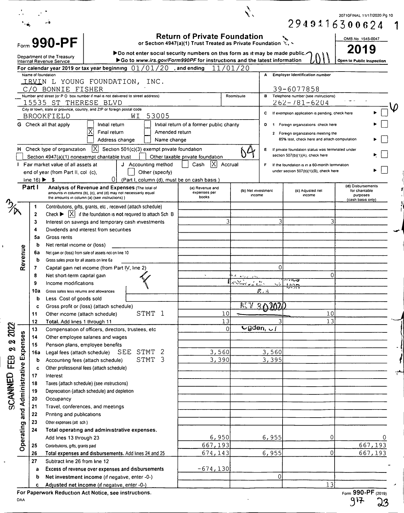 Image of first page of 2019 Form 990PF for Irvin L Young Foundation