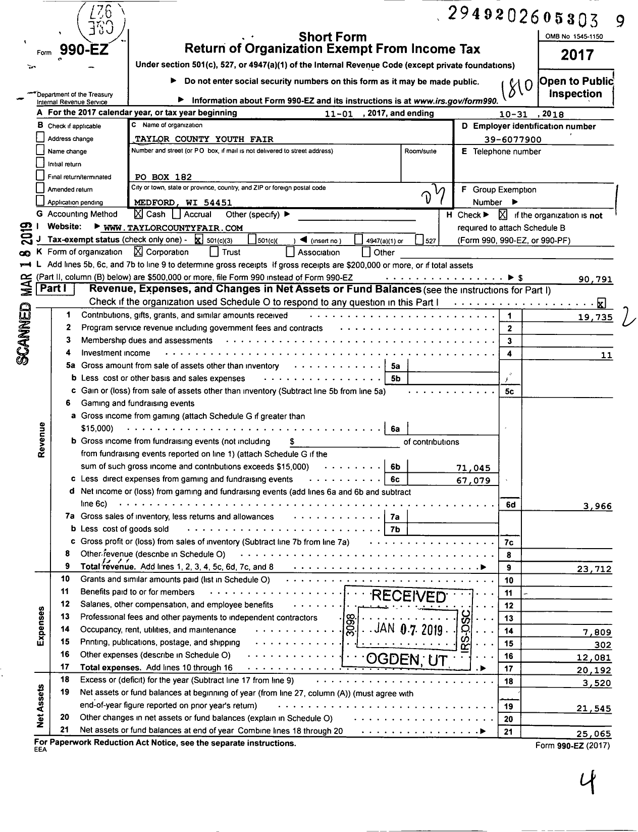 Image of first page of 2017 Form 990EZ for Taylor County Youth Fair