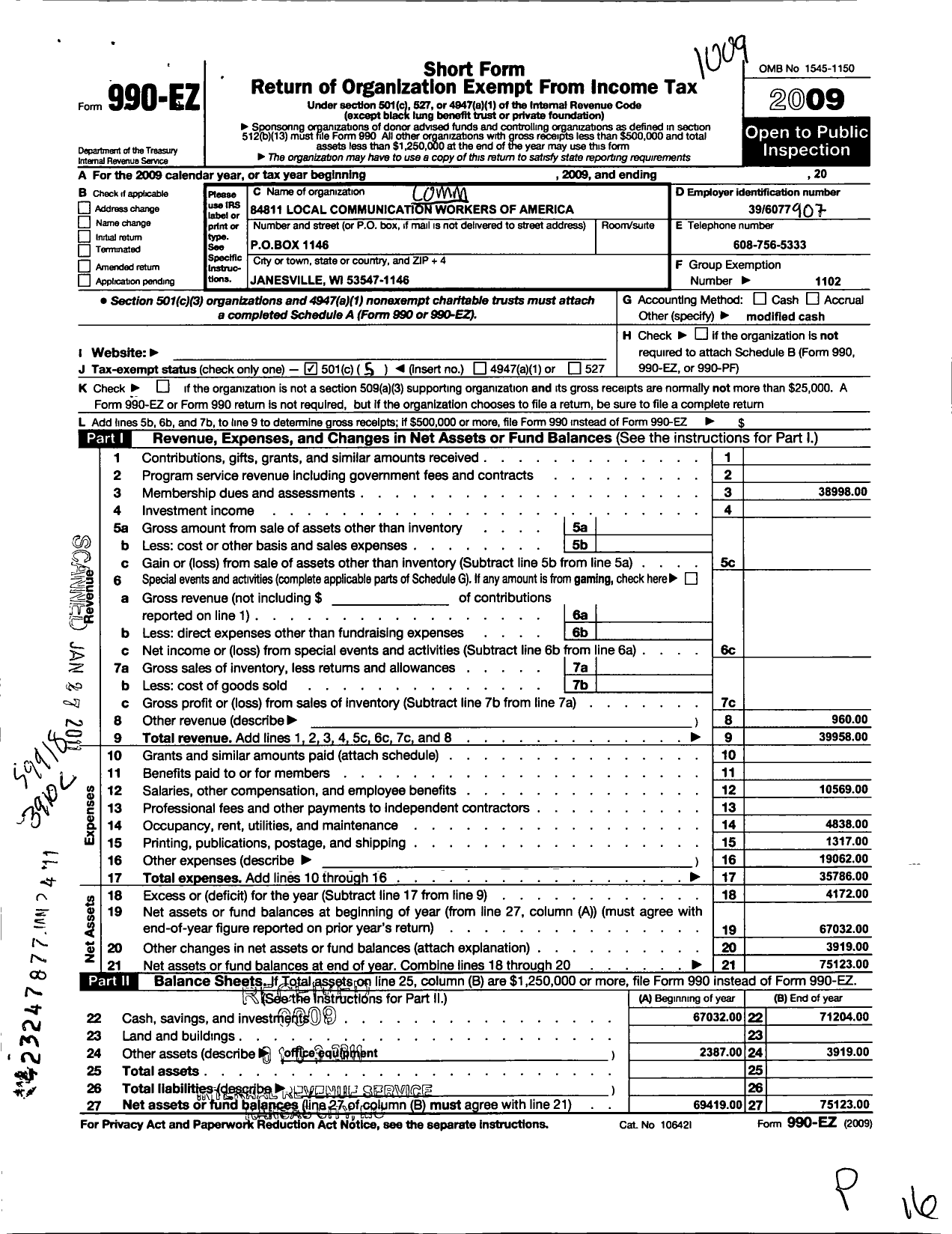 Image of first page of 2009 Form 990EO for Communications Workers of America - 84811 Local