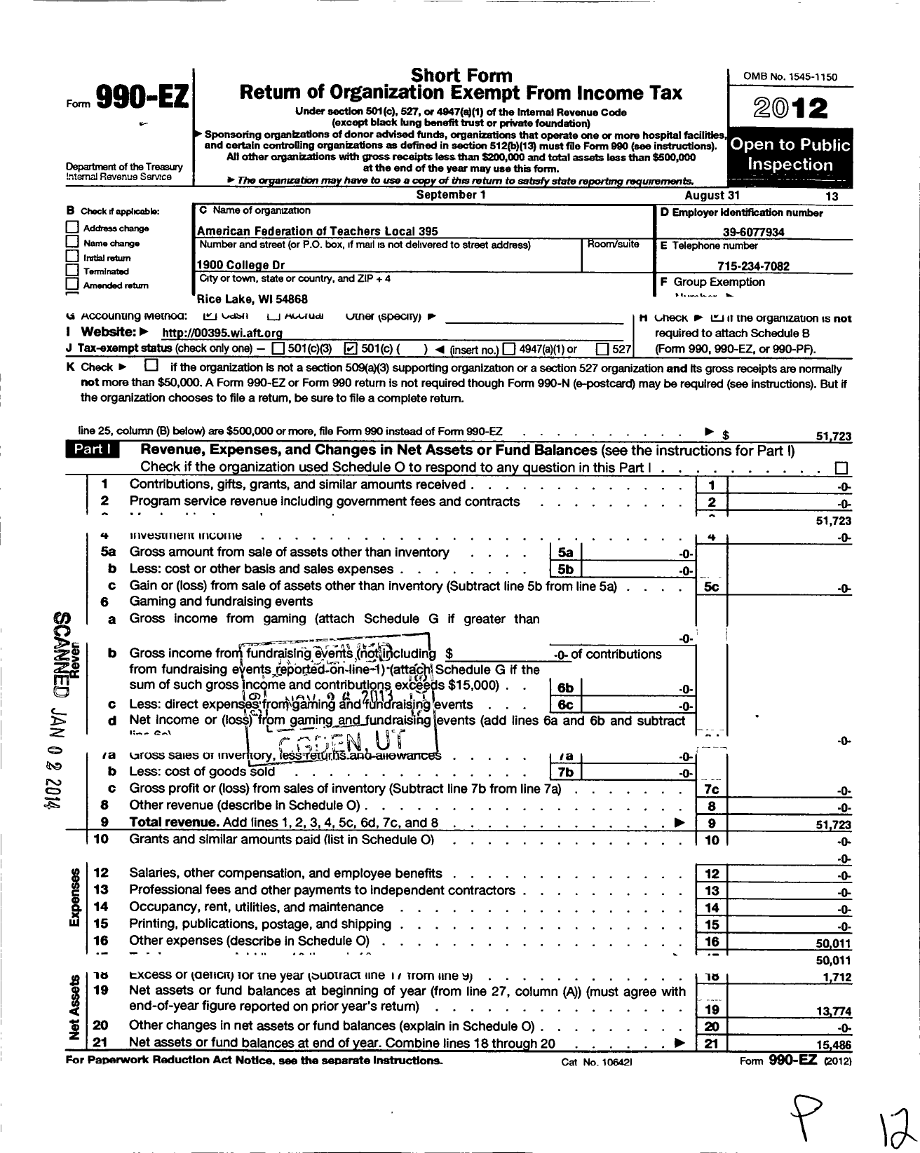 Image of first page of 2012 Form 990EO for American Federation of Teachers - 0395 Indianhead Technical College