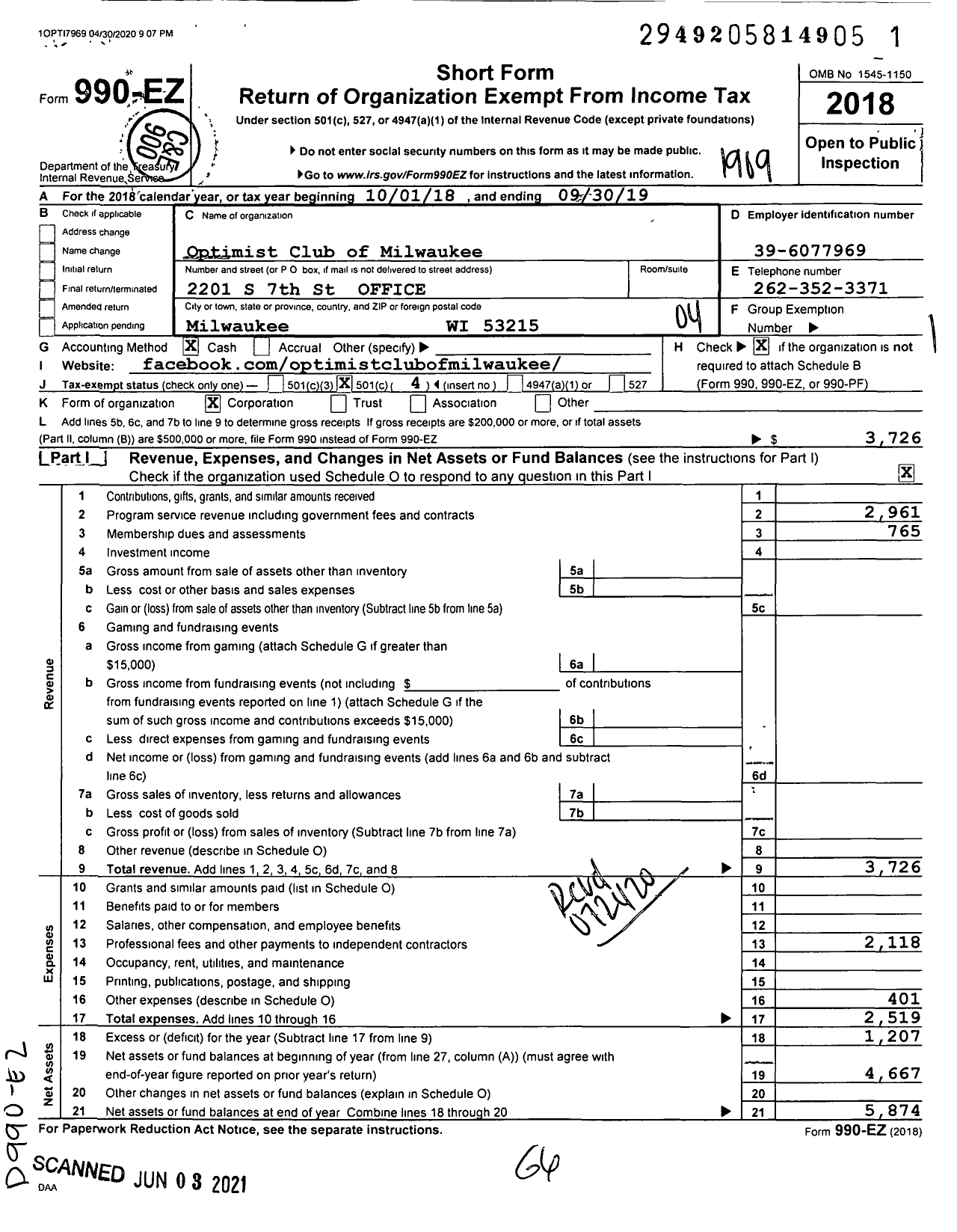 Image of first page of 2018 Form 990EO for Optimist International