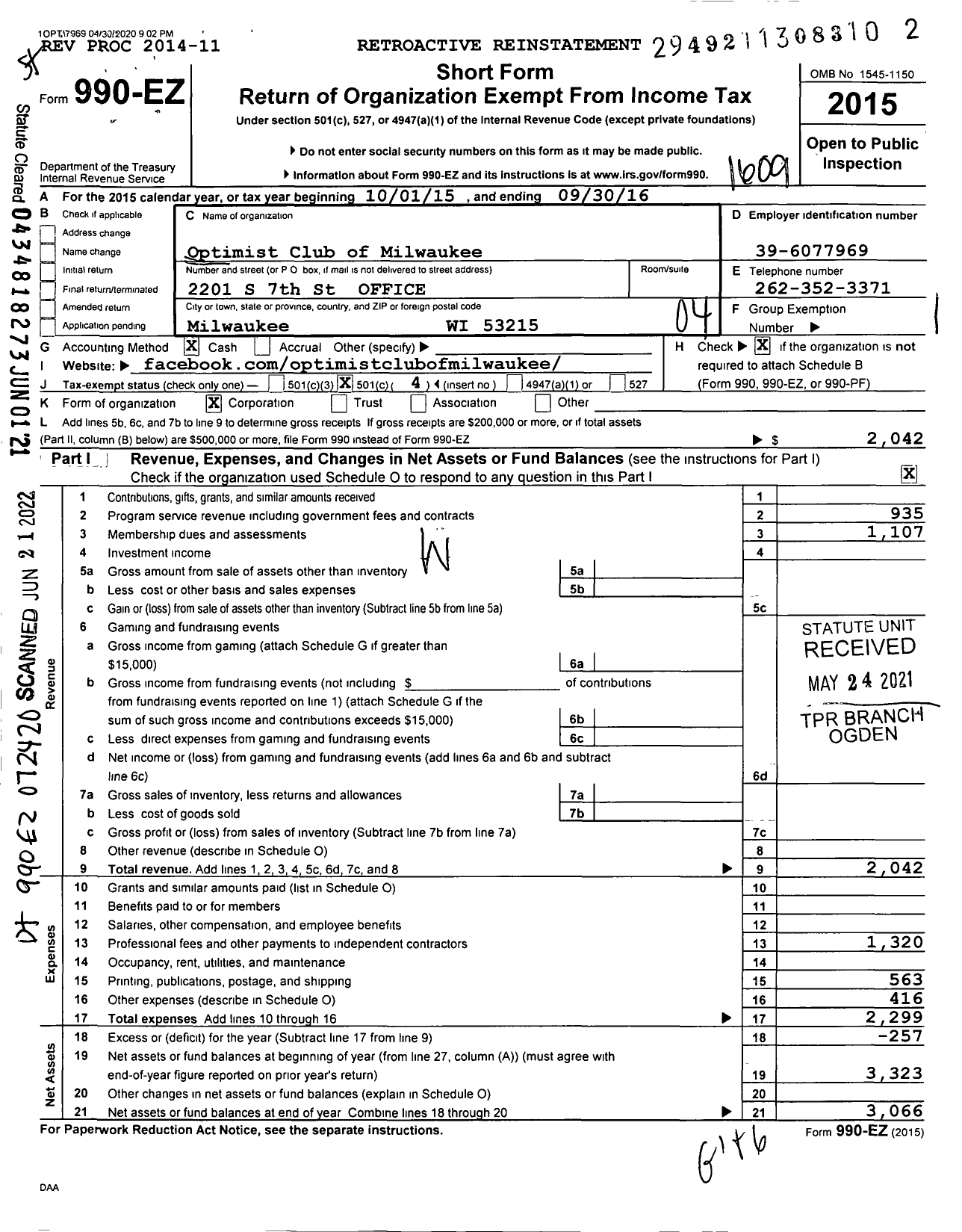 Image of first page of 2015 Form 990EO for Optimist International