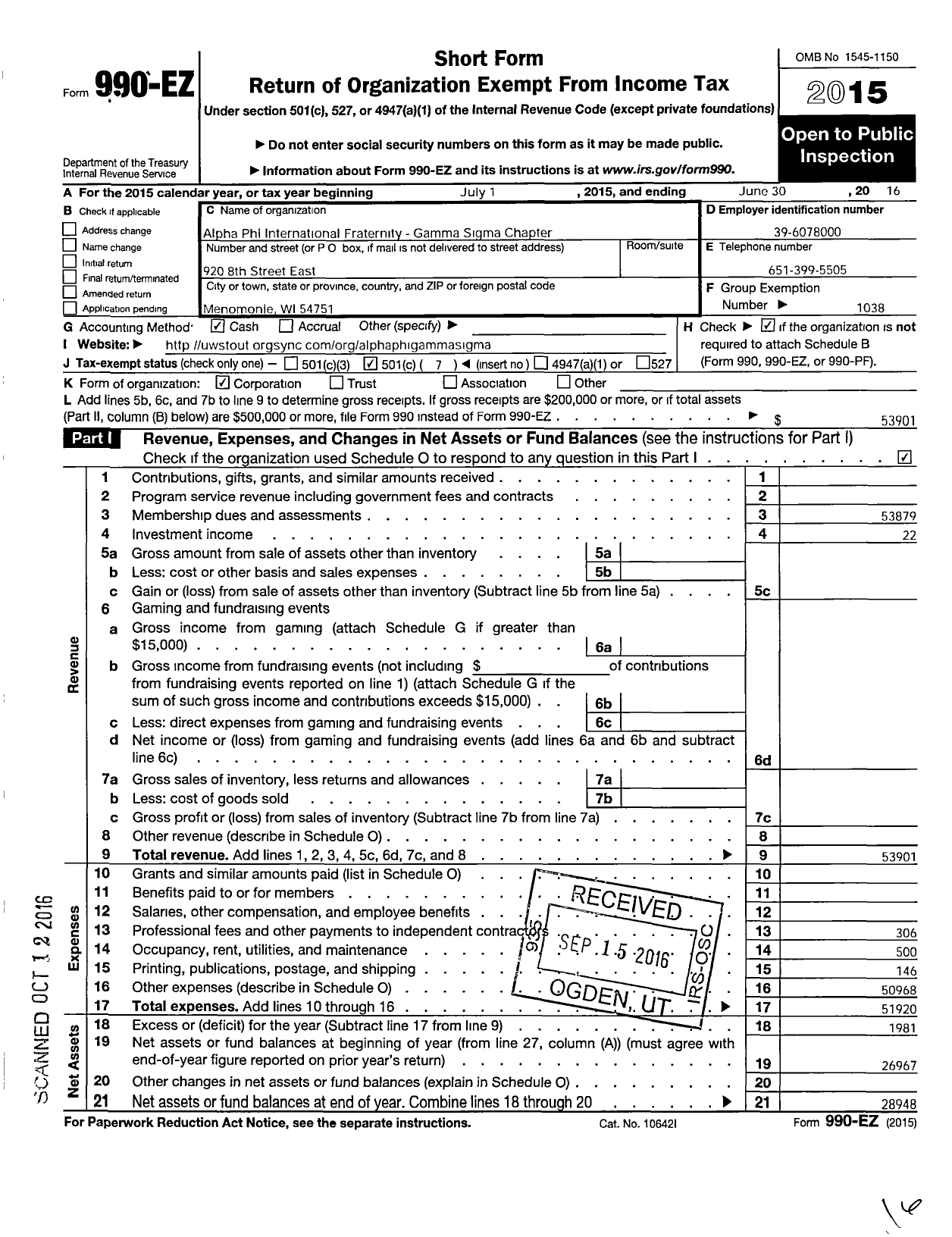 Image of first page of 2015 Form 990EO for Alpha Phi - Gamma Sigma Chapter Wisconsin-Stout